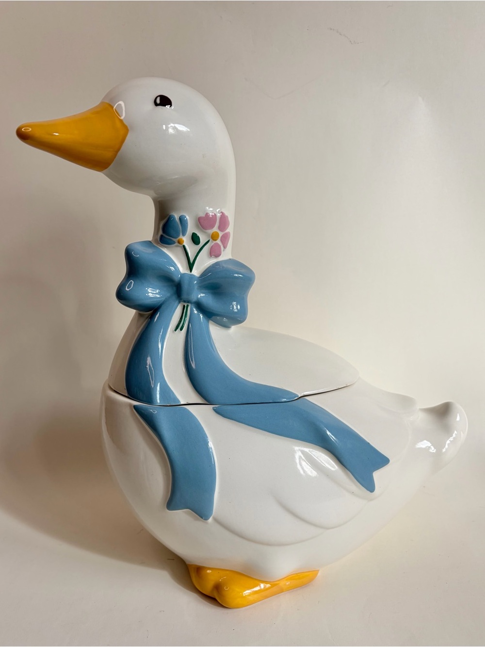 Vintage Mother Goose Ceramic Cookie Jar Blue Bow Floral 13” Cottagecore